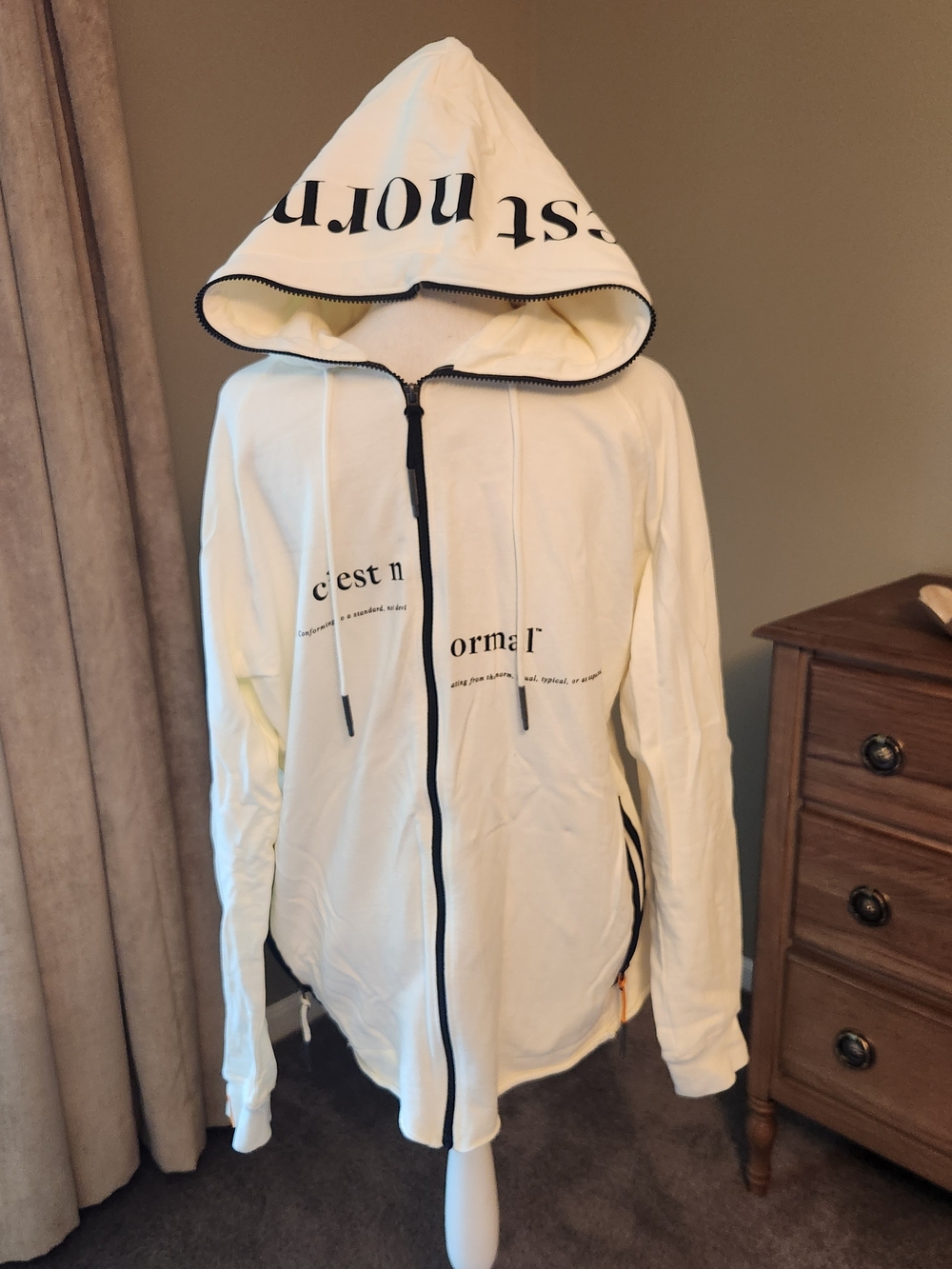 White Hooded Zip-Up Sweatshirt with Black Trim